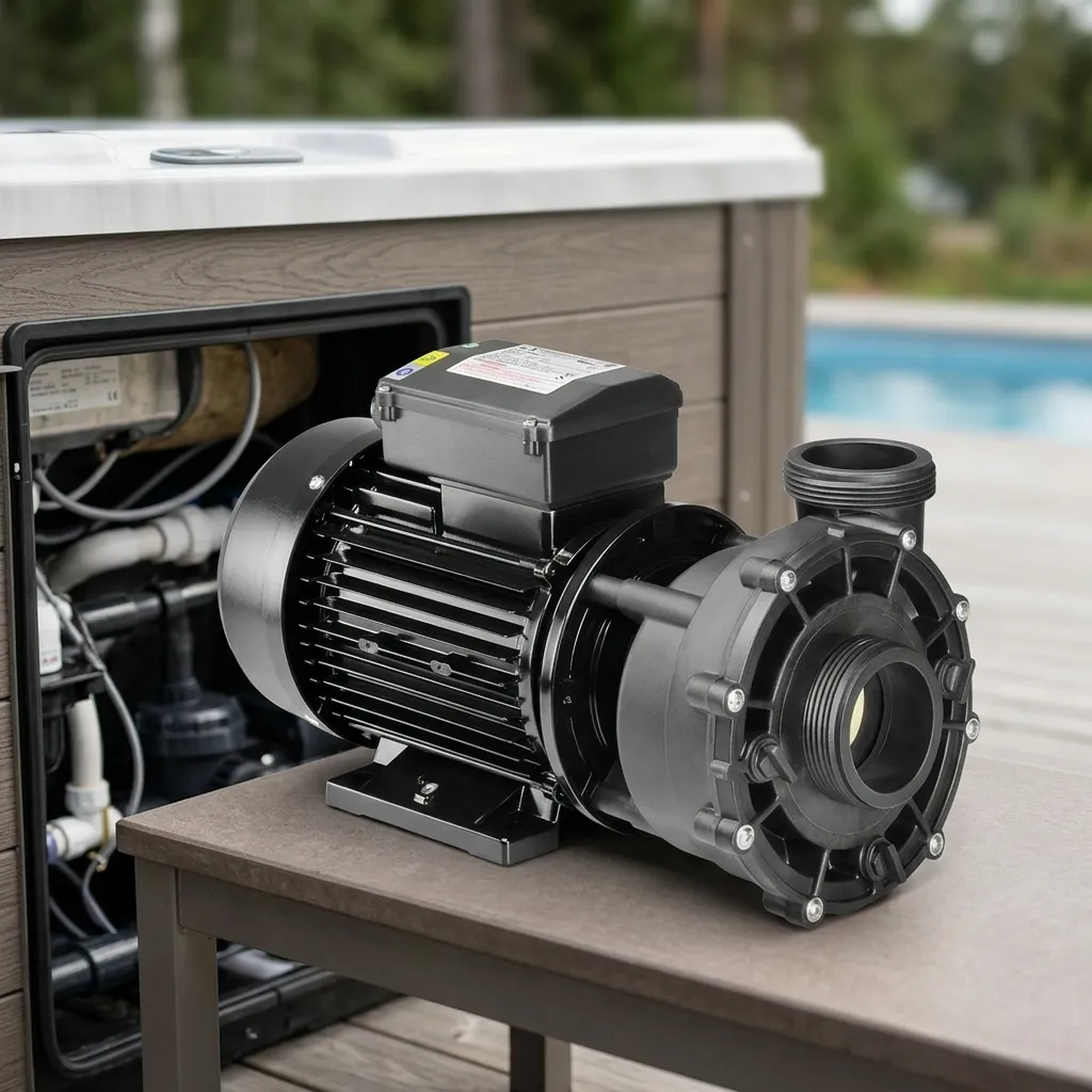 LX Whirlpool WP250-II spabadspump i svart plast med elmotor, kopplingsbox och två gängade anslutningar, sedd snett framifrån.