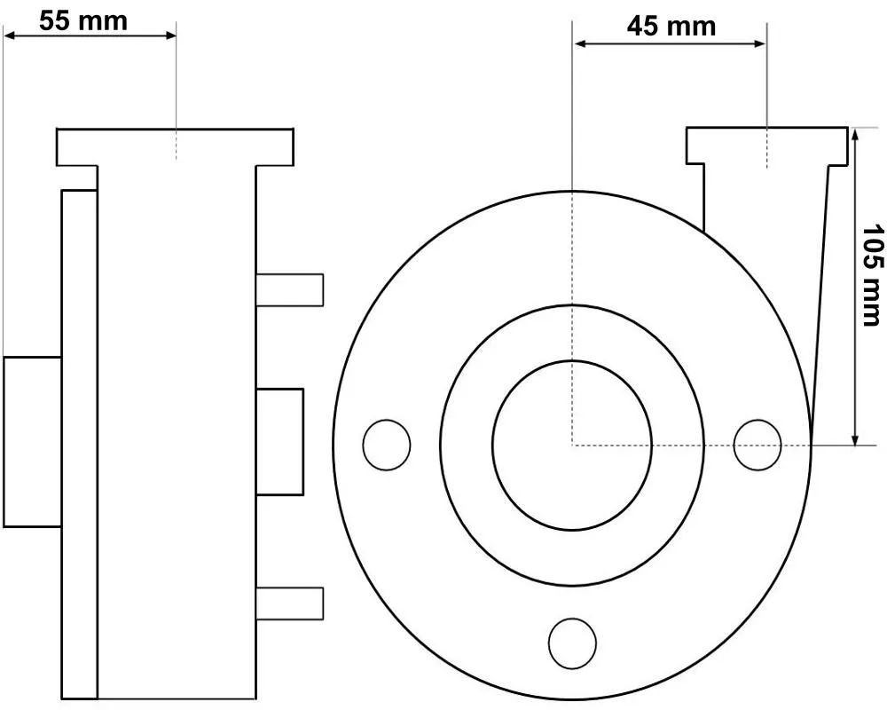 Måttritning av Balboa Cirkulationspump 190 W sedd framifrån med monteringshål, total bredd 150 mm, höjd 105 mm.