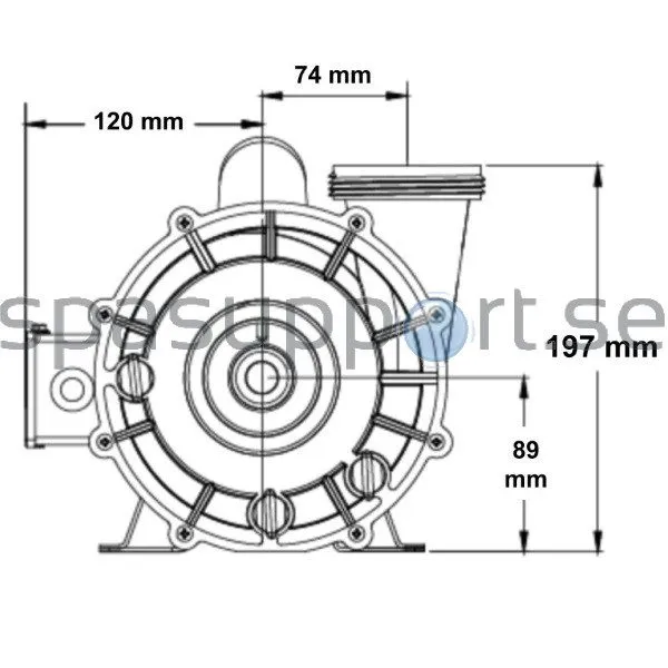 Måttritning av Gecko Cirkulations Pump sedd från sidan, med totallängd 310 mm, pumphusdiameter 70 mm och 140 mm markerat.