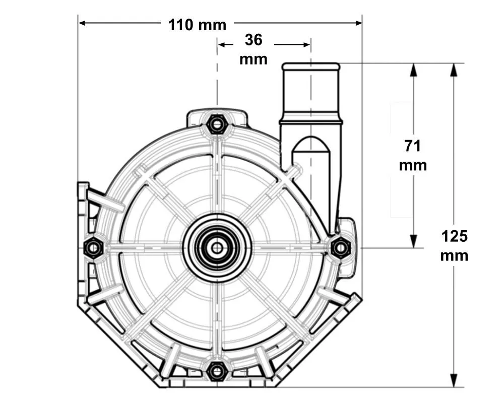 Måttritning av LAING Pump E10 3/4 sedd framifrån, med breddmått 110 mm, 36 mm och höjdmått 71 mm, 125 mm.