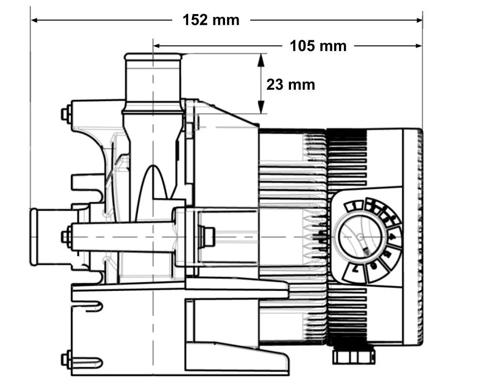 Måttritning i genomskärning av LAING Pump E10 3/4 med totalbredd 152 mm, 105 mm och 23 mm markerade, motorns kylflänsar sy...