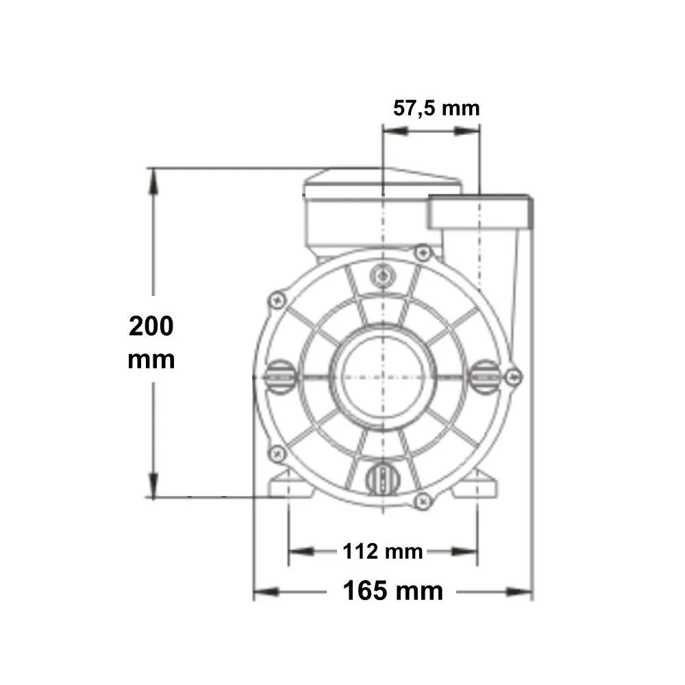 Måttritning i vy framifrån av cirkulationspumpen LX Whirlpool WTC50M med angivna mått 200 mm, 165 mm, 112 mm och 57,5 mm.