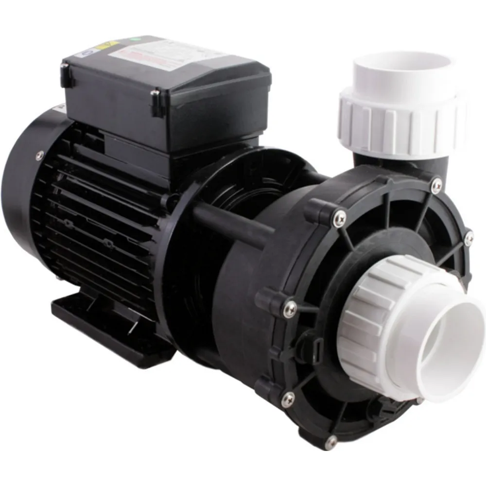 LX Whirlpool LP300 pumpmotor sett snett från sidan, med vita anslutningskopplingar och svart pumphus på vit bakgrund.