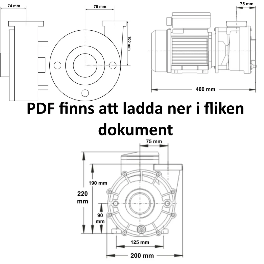 Måttritning av LX Whirlpool LP300-pump med sido-, fram- och bakvy, visar flänsmått, längd 400 mm och diameter 220 mm.