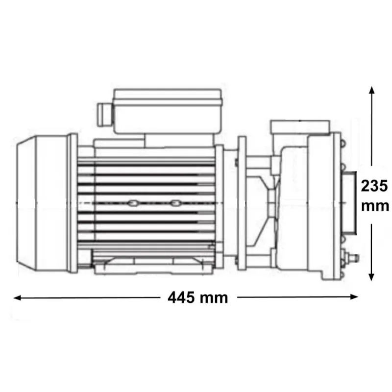 Måttritning i sidovy av spabadspumpen LX Whirlpool WP200-II med totallängd 445 mm och höjd 235 mm angiven.