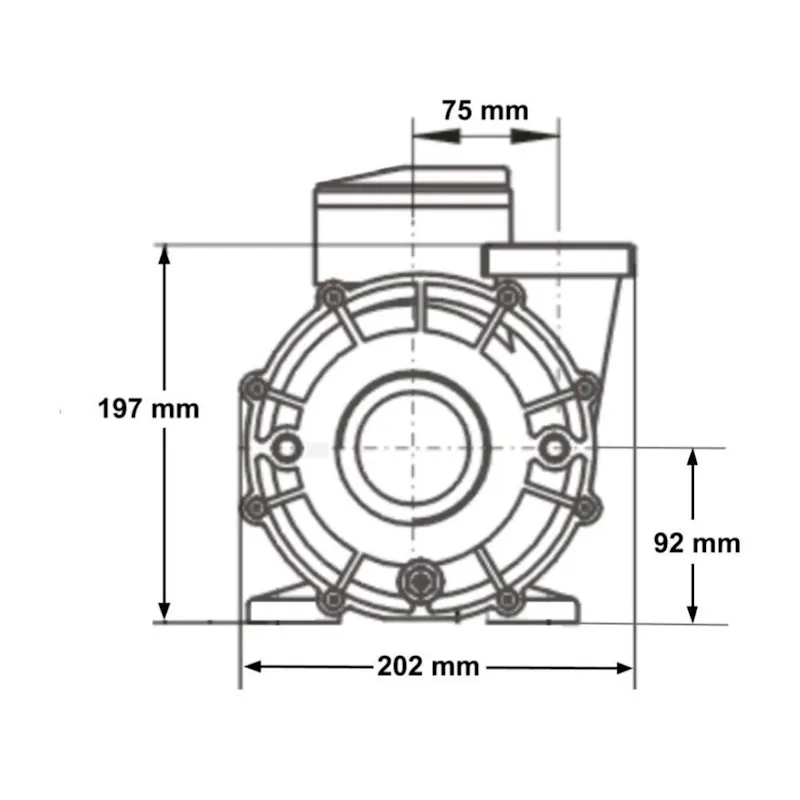 Måttritning av LX Whirlpool WP200-II pumphus, front med anslutningar, bredd 202 mm, höjd 197 mm, utlopp 92 mm och 75 mm.