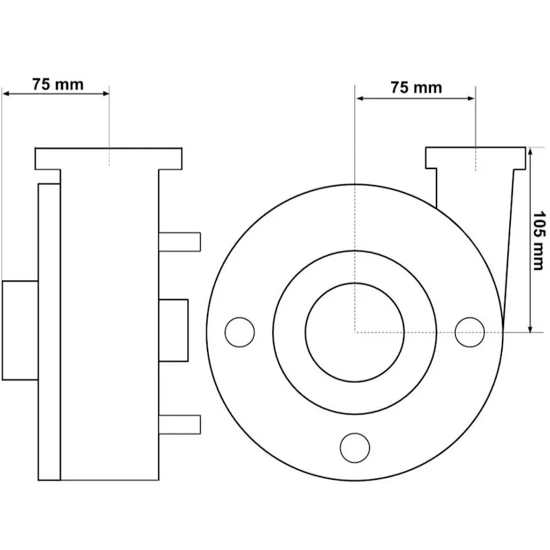 Måttritning av LX Whirlpool WP200-II i sidovy och framifrån, med flänsdiameter 105 mm och bredd 75 mm markerad.