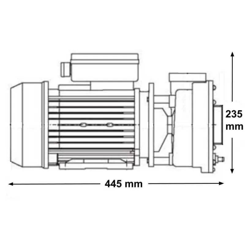 Måttritning av LX Whirlpool WP300-II sedd från sidan med motorns kylflänsar synliga, totalt 445 mm lång och 235 mm hög.