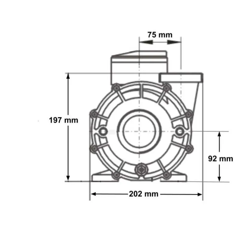 Måttritning av LX Whirlpool WP300-II pumphus sett framifrån, med höjd 197 mm, bredd 202 mm och anslutningsmått 75 och 92 mm.