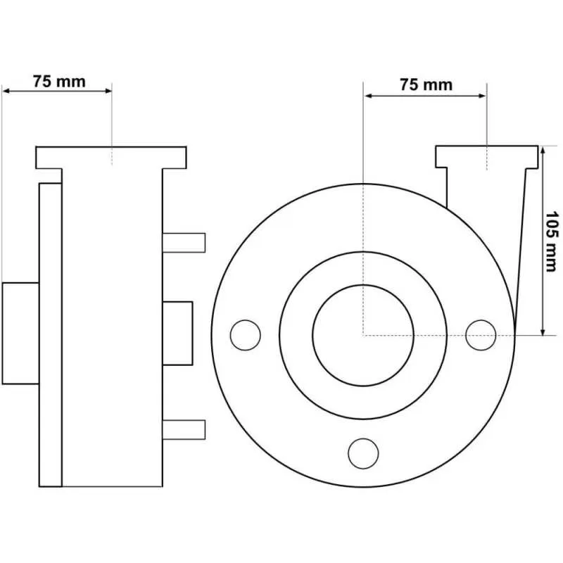 Måttritning av LX Whirlpool WP300-II i sido- och framvy, med bredd 75 mm och höjd 105 mm markerat.