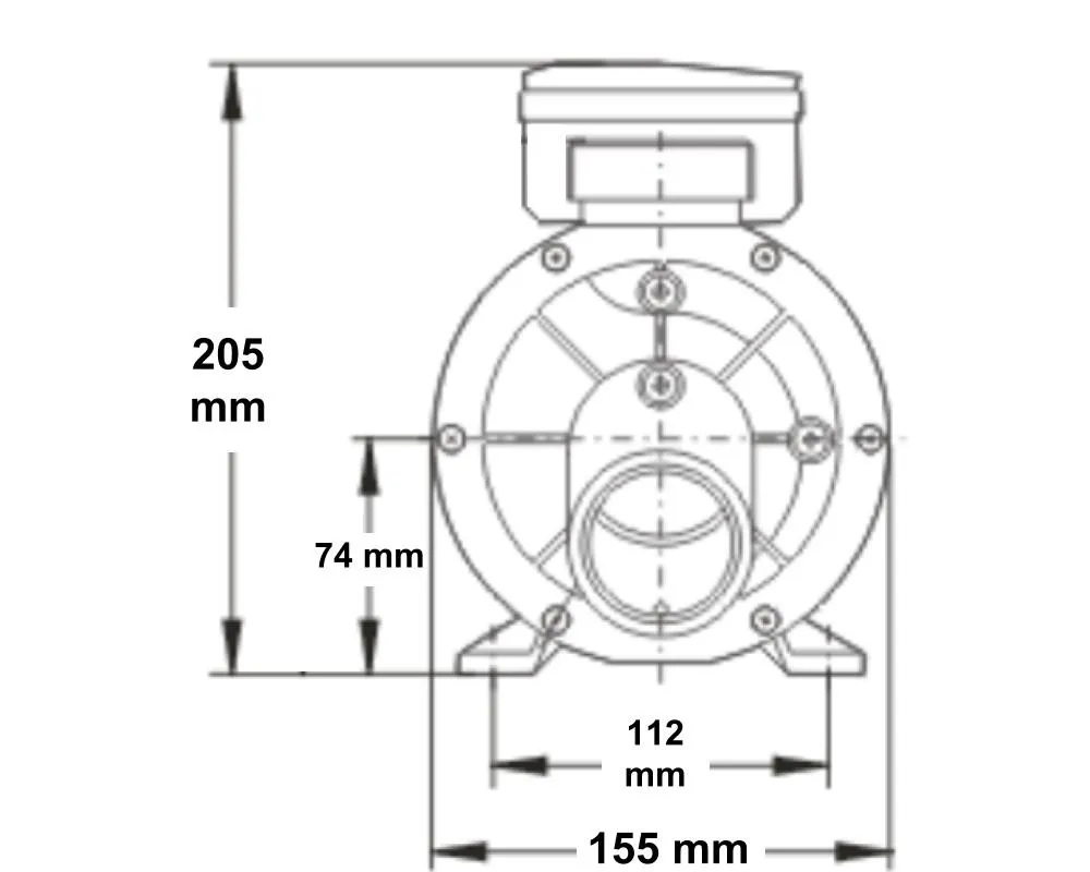 Måttritning av LX Whirlpool JA100 pumphus sett framifrån, med totalhöjd 205 mm, bredd 155 mm och fotmått 112 mm.