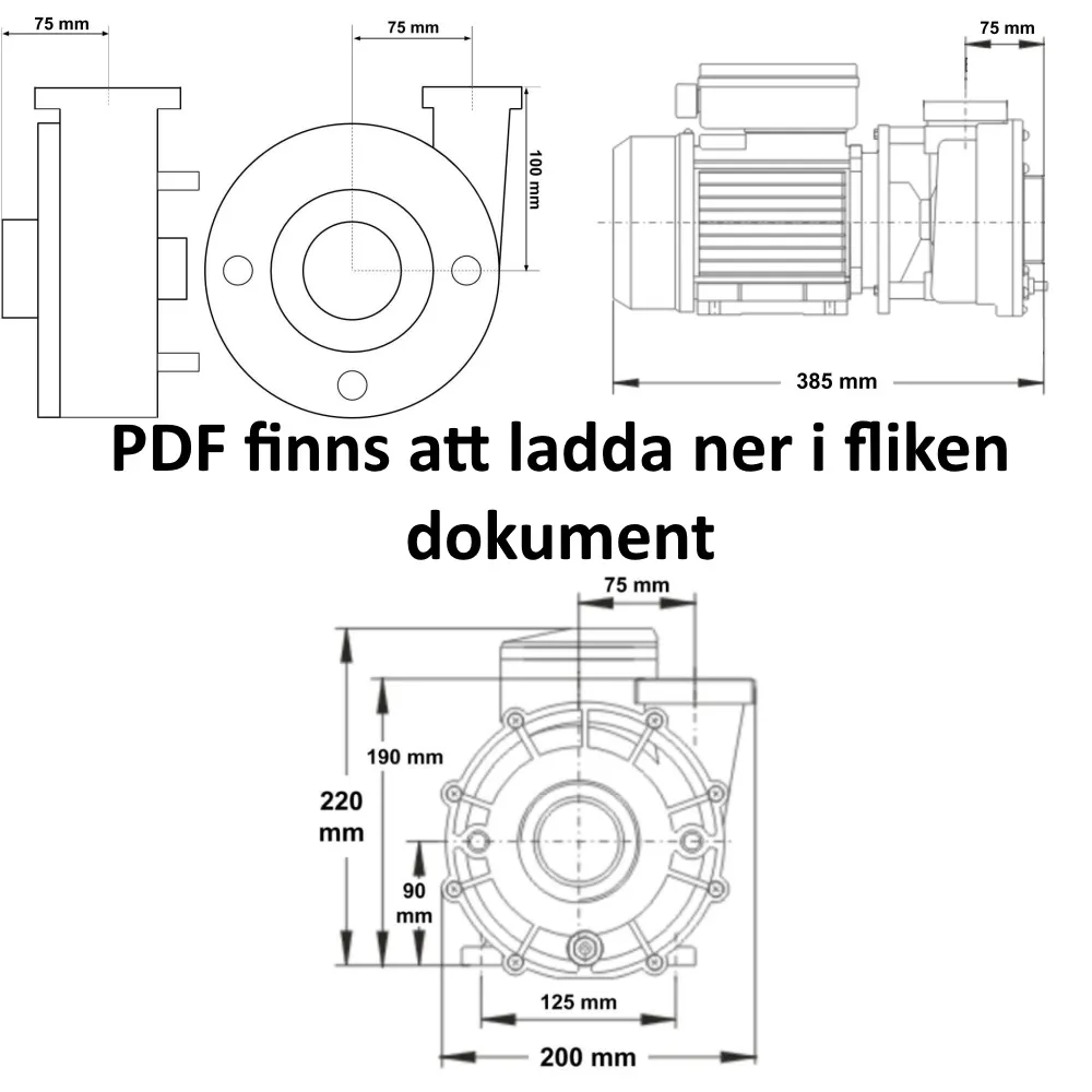 Måttritning av LX Whirlpool LP200 med sido-, fläns- och framvy, totallängd 385 mm och flänsmått 220x200 mm.