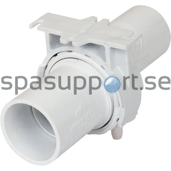 1½ tums Blower Check Valve i vitt plastmaterial, sedd snett från sidan med det räfflade anslutningsröret riktat nedåt.