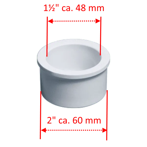 PVC adapter 2" x 1,5" M/F sedd snett ovanifrån med måttlinjer: invändig diameter ca 48 mm och total höjd ca 60 mm.