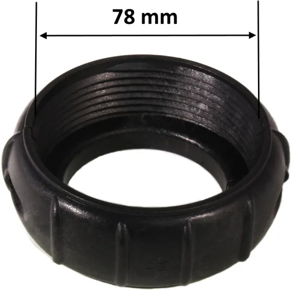 Mutter till Balboa värmare i svart plast, sedd snett underifrån med invändig gänga, diameter 78 mm markerad.
