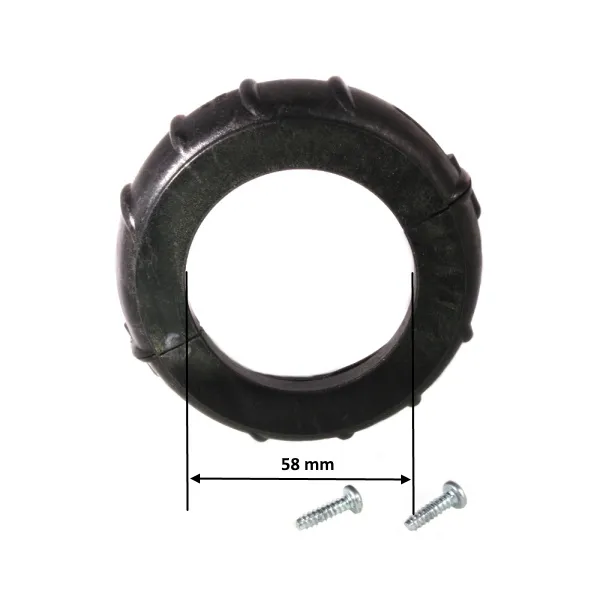 Svart delad plastring till mutter och packning för Balboa värmare, innerdiameter 58 mm, med två skruvar bredvid.