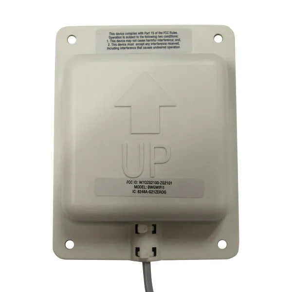 Balboa Wi-Fi-modul sedd bakifrån med fyra monteringshål, pil märkt "UP" och FCC-etikett med modellinformation.