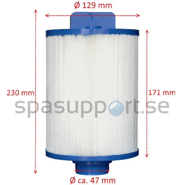 Spafilter PVT25P4 sedd underifrån, blått bottenlock med handtag och präglad text om mått och specifikationer.