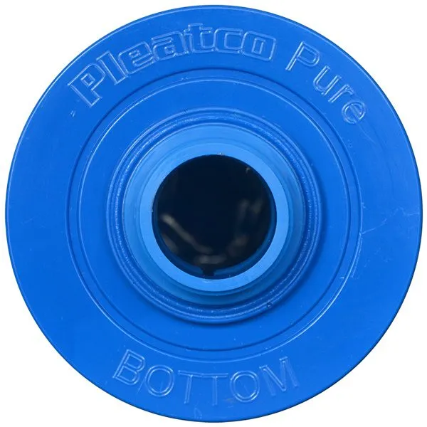 Spafilter PVT25P4 sedd snett från sidan med veckat filterpapper och blå ändlock med handtag.