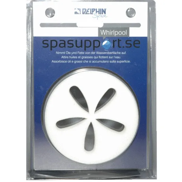 DELPHIN Spa Disc i vitt skum, rund skiva med sex utskurna bladformade öppningar i ett blomstermönster.