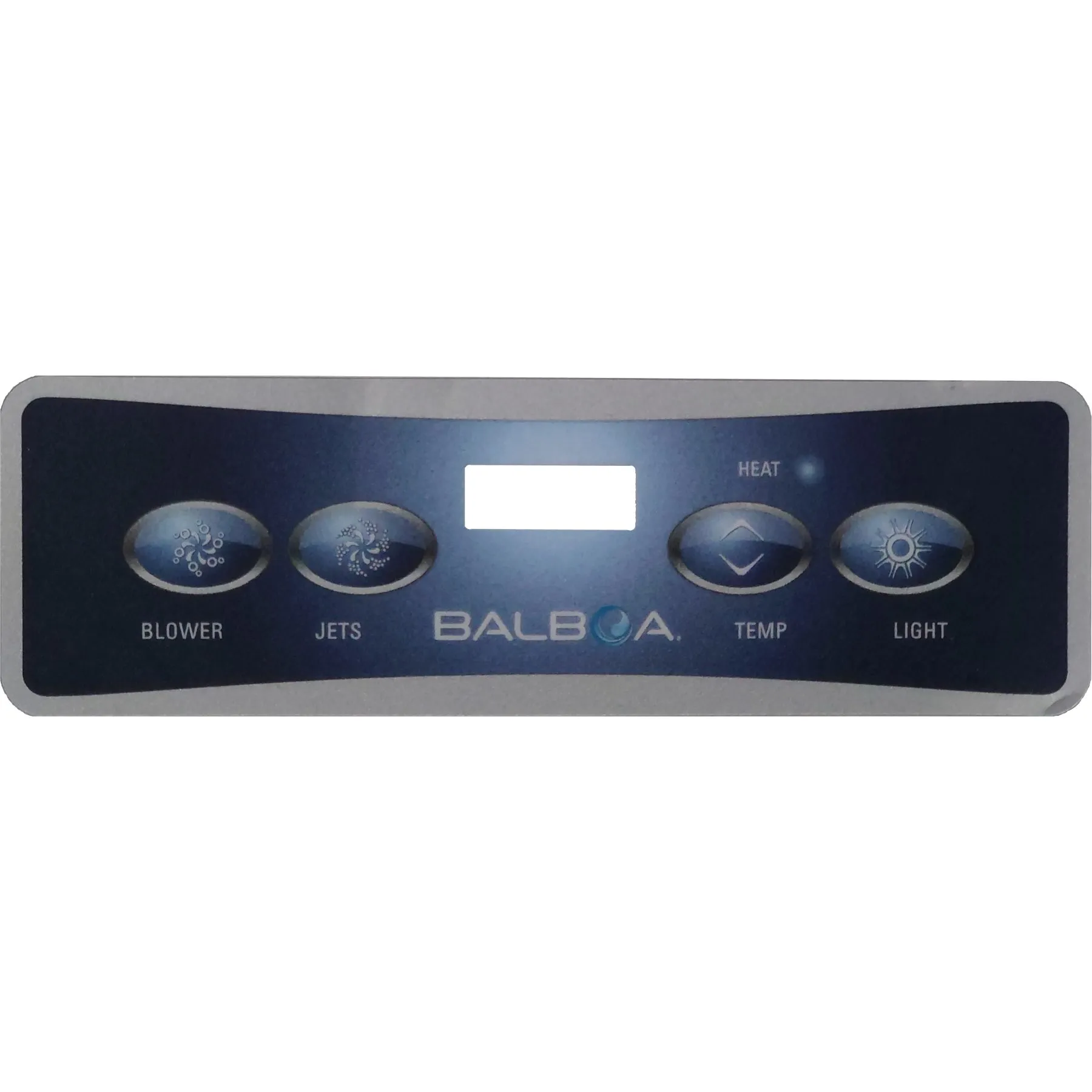Kontrollpanel Overlay VL401 med fyra ovala knappar för blower, jets, temp och light samt Balboa-logotyp och tomt display.