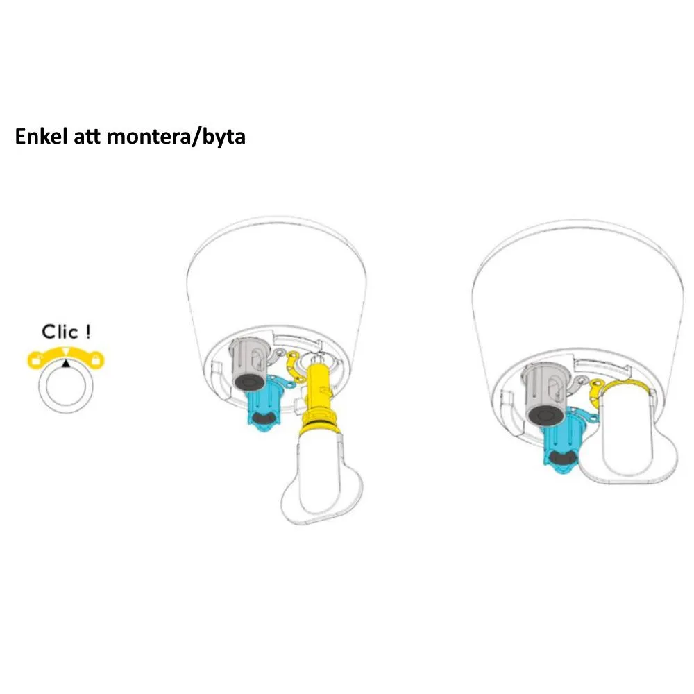 Illustration som visar hur ICO Sensor Blå monteras med ett enkelt klick, samt lampfattning för montering steg för steg.
