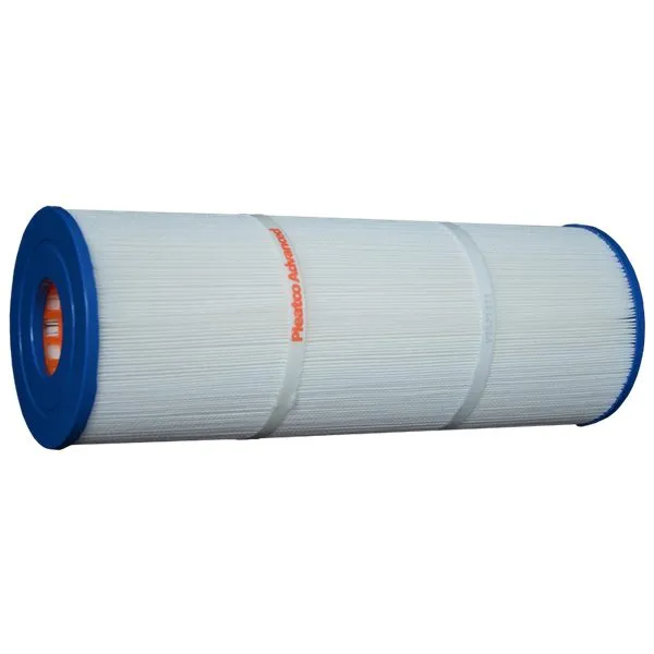 Spafilter PLBS100 sedd rakt uppifrån, blå ändkapsel med orange veckat filtermaterial synligt i mitten.