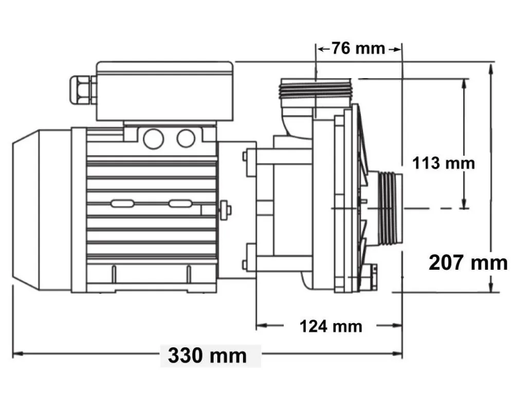 Måttritning av HA460 pump centersug i sidovy med angivna mått: totallängd 330 mm, höjd 207 mm, pumputlopp 76 mm.