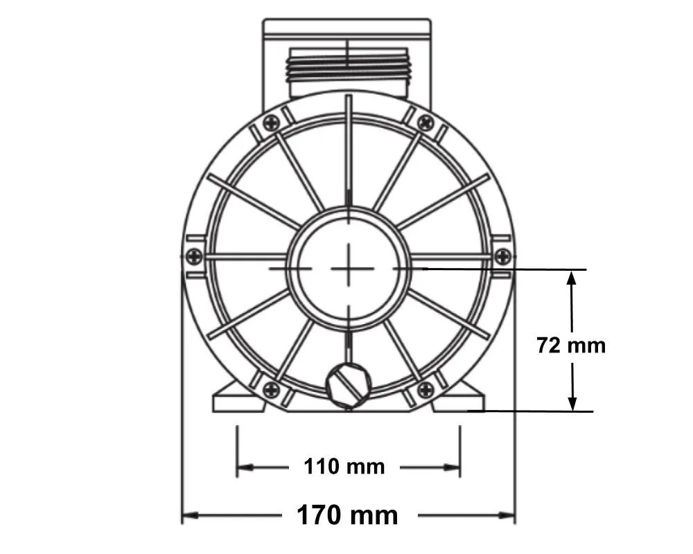 Måttritning av HA460 Pump Centersug sett framifrån med fläkthjul, mått 170 mm bredd, 110 mm hål och 72 mm höjd.