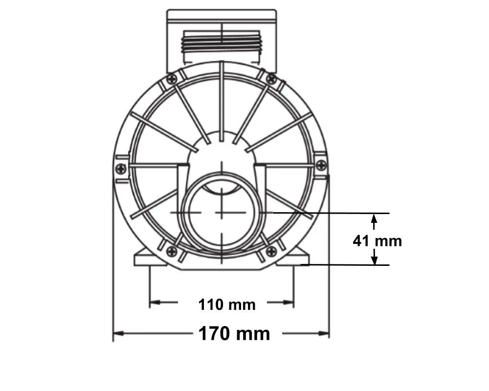 Måttritning av HA460 Pump Dränerad framifrån med fästhål, avstånd 110 mm och 170 mm samt centrumhöjd 41 mm.