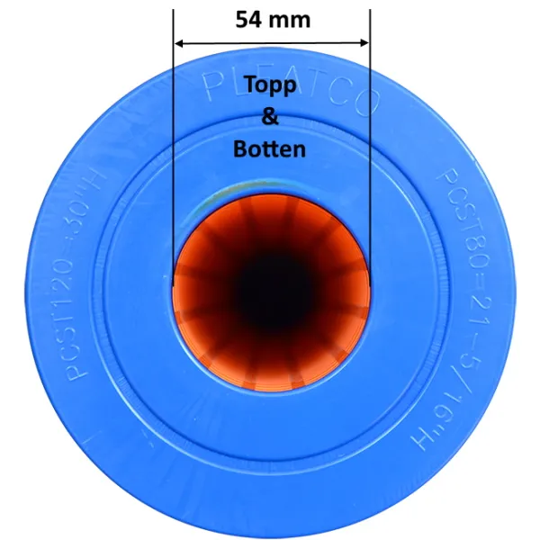 Spafilter PCST120 med måttangivelser, diameter 137 mm och höjd 765 mm, veckat filtermaterial med blå ändstycken.