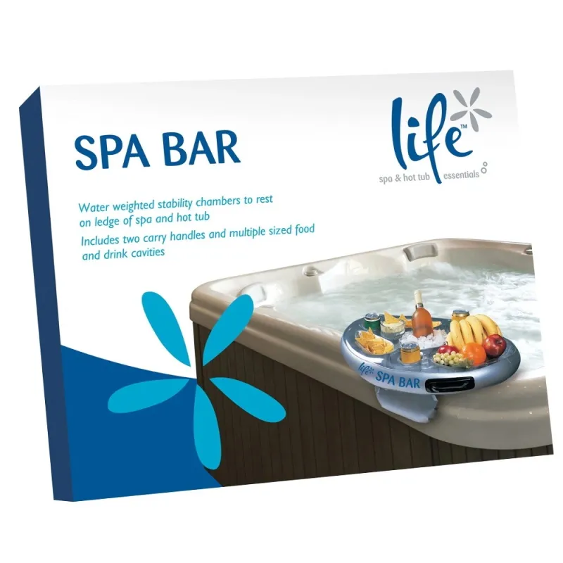 Förpackning för uppblåsbar Spa Bar med bild på flytande bricka i spabad fylld med frukt, snacks och drycker.