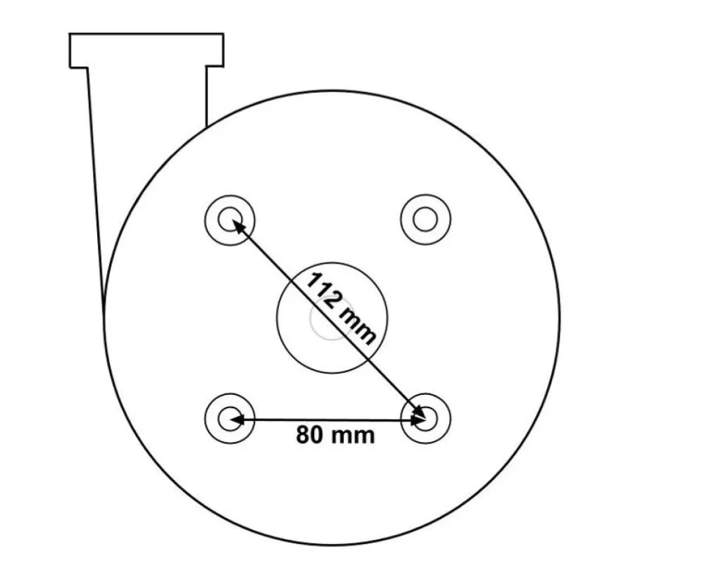 Måttritning av LX JA35/TDA35 pumphus med hålmönster: 80 mm mellan nedre hål, 112 mm diagonalt till centrum.
