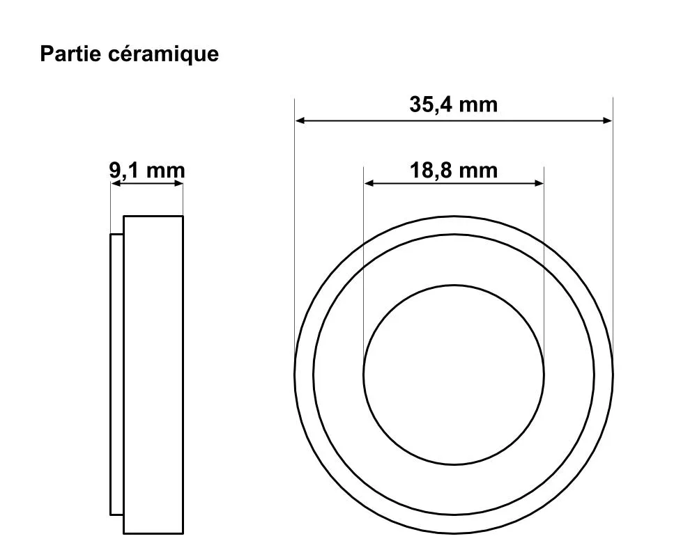 Måttritning av keramikdelen till LX Whirlpool axeltätning, diameter 35,4 mm, innerdiameter 18,8 mm, tjocklek 9,1 mm.