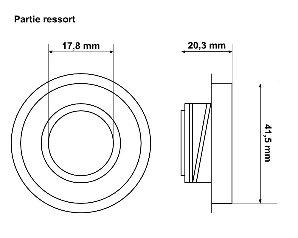 Måttritning av axeltätningens fjäderparti för LX Whirlpool, med diameter 17,8 mm, djup 20,3 mm och höjd 41,5 mm.