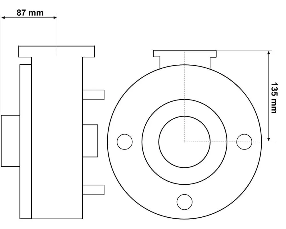 Måttritning av pumphus DH1.0 framifrån med fyra monteringshål, diagonalmått 128 mm och avstånd 90 mm mellan hålen.