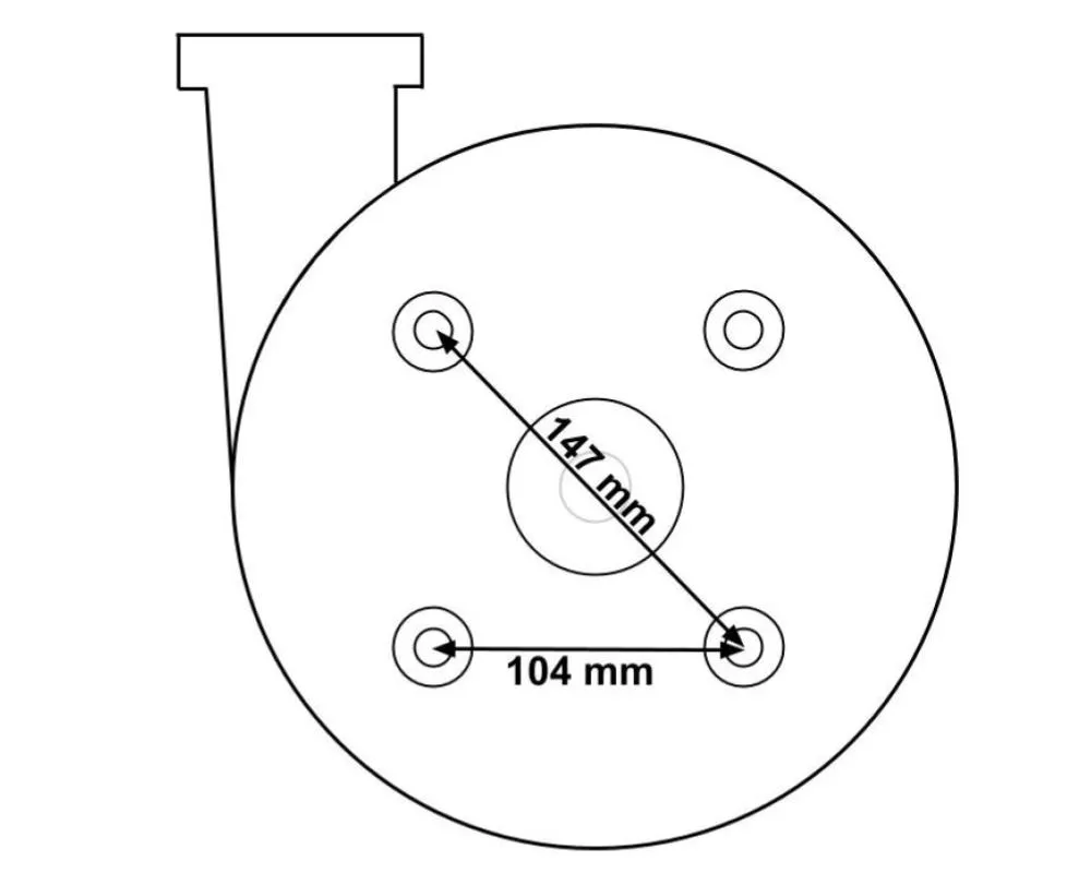 Måttritning av pumphus LP200/250 WP200/250, fyra monteringshål med diagonal 147 mm och avstånd 104 mm.