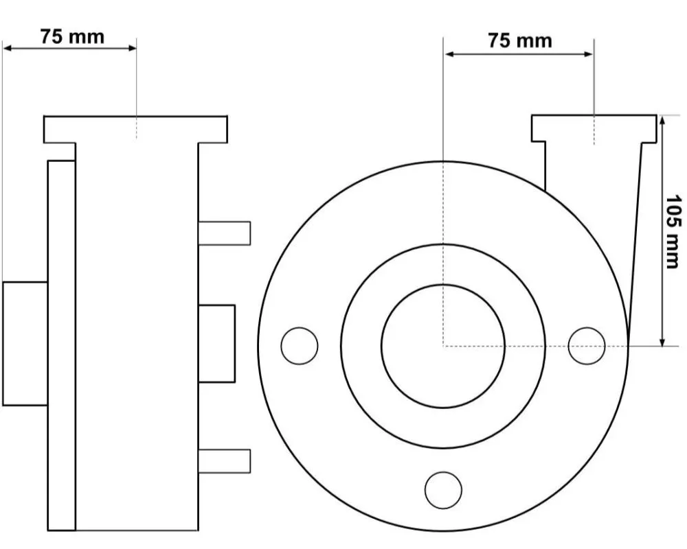Måttritning av LX WP300 pumphus med fyra monteringshål, diagonalmått 147 mm och avstånd 104 mm mellan hålen.