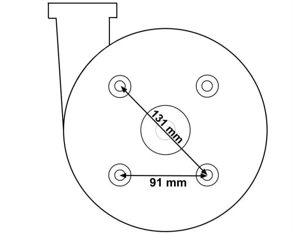 Pumphus LX WTC50M sett framifrån med måttangivelser för hålmönster, diagonal 131 mm och avstånd 91 mm mellan hål.