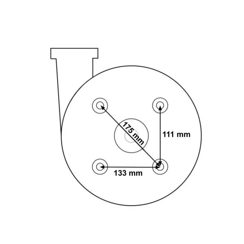 Måttritning av LX WP500-ll pumphus sett framifrån med hålbild: diagonal 175 mm, höjd 111 mm, bredd 133 mm.