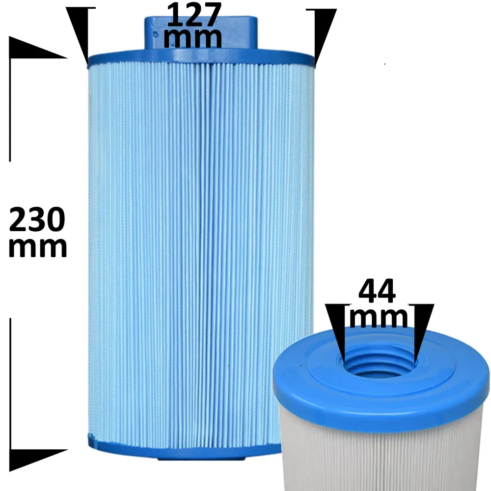 Spafilter PWW35L-M med måttangivelser: höjd 230 mm, diameter 127 mm och gänganslutning 44 mm, sedd underifrån.