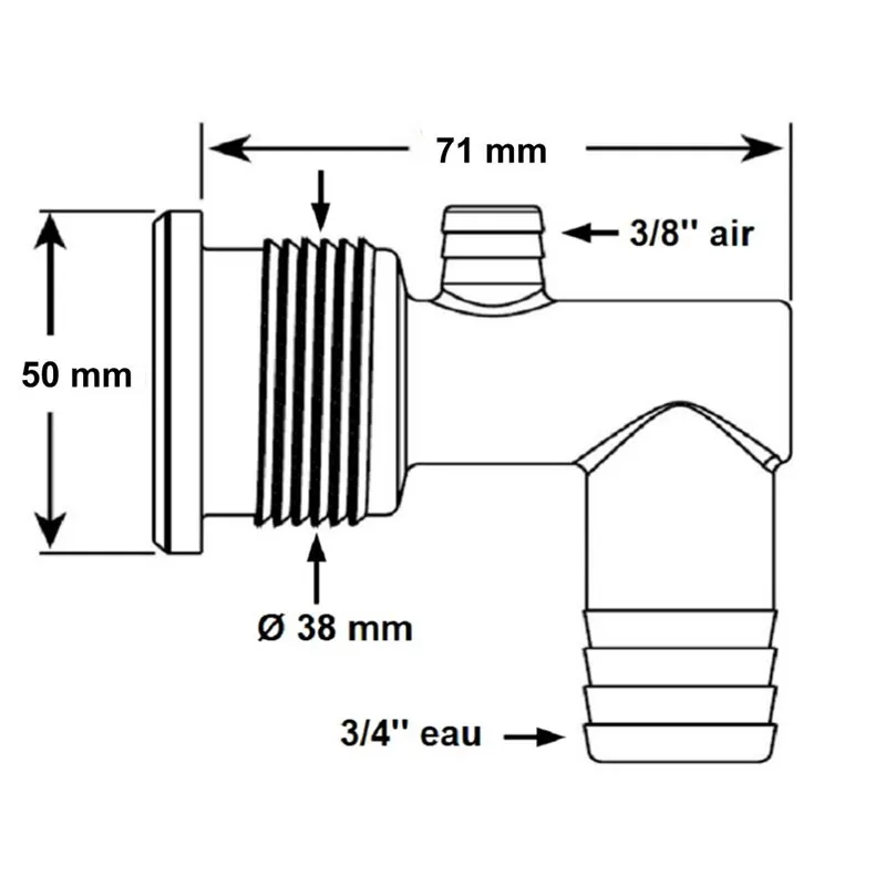 Måttritning av Cluster Storm thread-in med gänga Ø38 mm, höjd 50 mm, längd 71 mm, 3/8" luftanslutning och 3/4" vattenanslu...