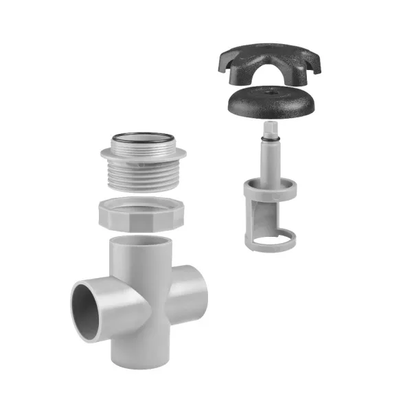 Isärtagen Jazzi 2" diverter valve med korsformad PVC-kropp, gänganslutning, packning och svart vred med spindel.