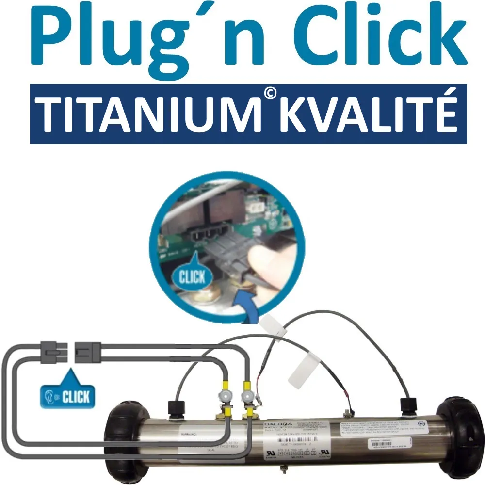 Balboa 3 kW Värmare Titanium i rostfritt stål med elanslutningar och gängade ändlock, sett snett från sidan.