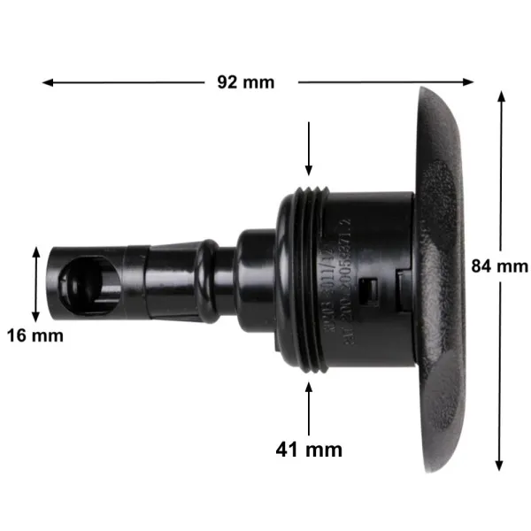 Måttritning av Rising Dragon 3" jet Roto Scallop, svart munstycke från sidan med angivna mått: 92 mm, 84 mm, 41 mm och 16 mm.