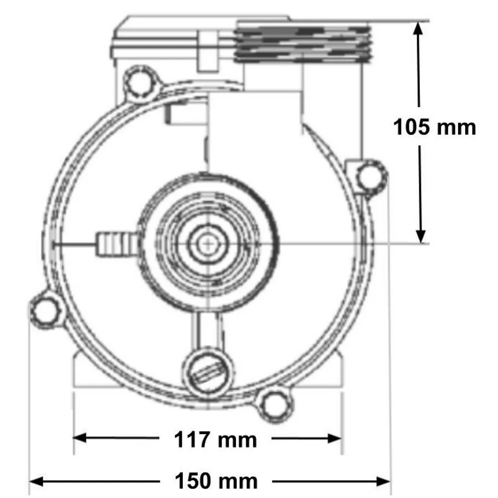 Måttritning av pumphus till Balboa cirkulationspump, sedd från sidan med totallängd 345 mm och höjd 180 mm angivna.