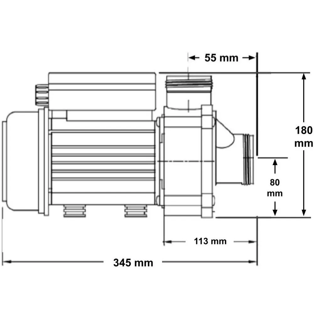 Teknisk ritning av pumphus till Balboa cirkulationspump, framifrån med måtten 105 mm, 117 mm och 150 mm utsatta.