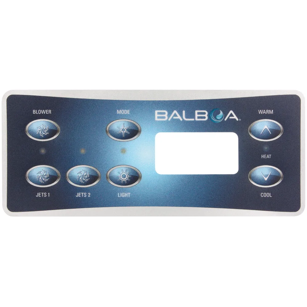 Balboa overlay VL701S sett rakt framifrån med knapparna Blower, Mode, Jets 1, Jets 2, Light, Warm och Cool samt tom displa...