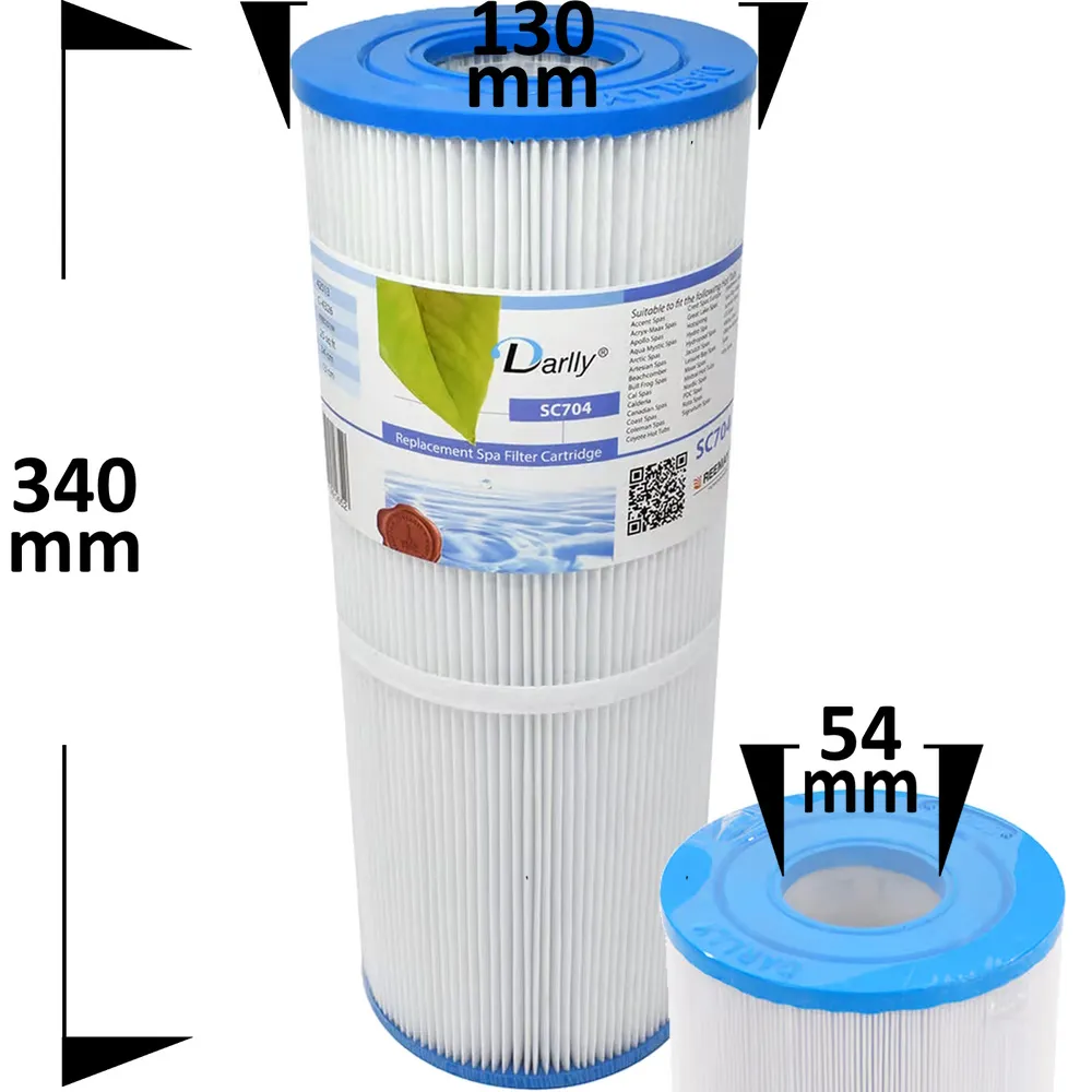 Darlly SC704 spafilter med veckat filtermaterial, blå topplock, måttangivelser 130 mm diameter, 340 mm höjd och 54 mm hål.