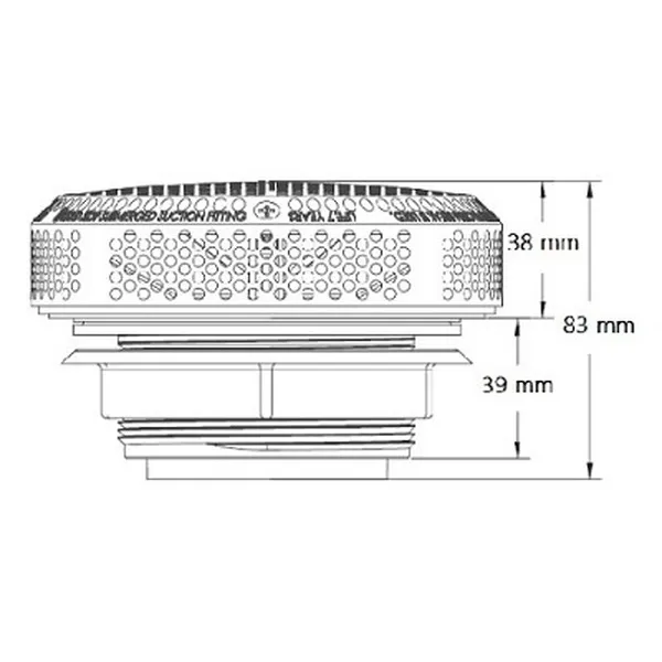 Måttritning av Waterway Super Hi-Flo suction 2" i genomskärning med angivna höjder: 38 mm, 83 mm och 39 mm.